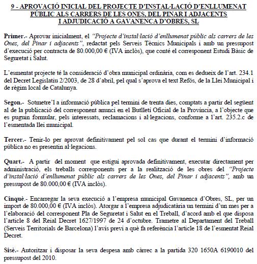 Extracte de l'acta de la Junta de Govern Local de l'Ajuntament de Gav� en la que s'aprova tirar endavant el projecte per instal�lar il�luminaci� a part de la banda muntanya de Gav� Mar (5 d'Octubre de 2010)
